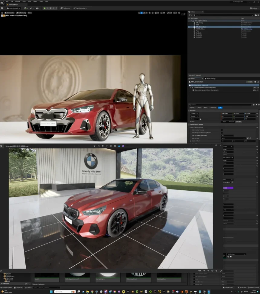 Unreal Engine editor — BMW configurator with avatar in showroom