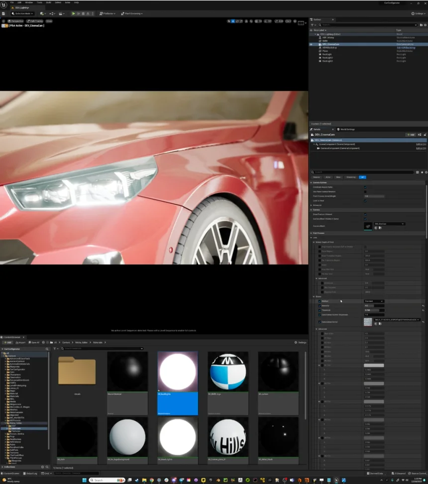 Unreal Engine editor — car paint material setup and close-up render
