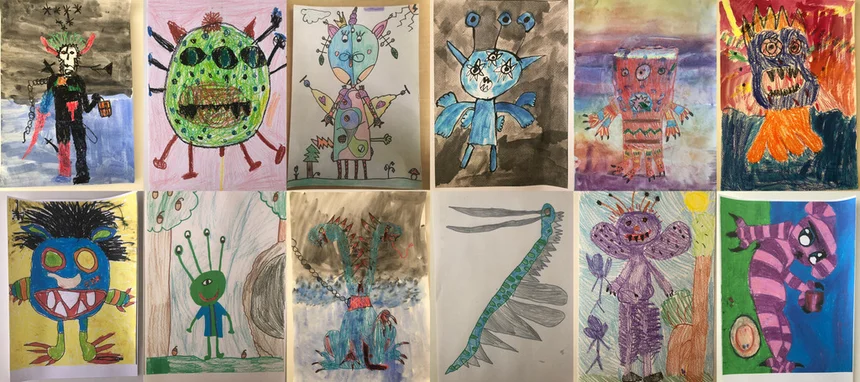 The full cast of Monstar characters — children's drawings turned 3D