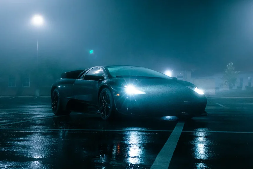 Night atmospheric render — car with headlights in foggy conditions