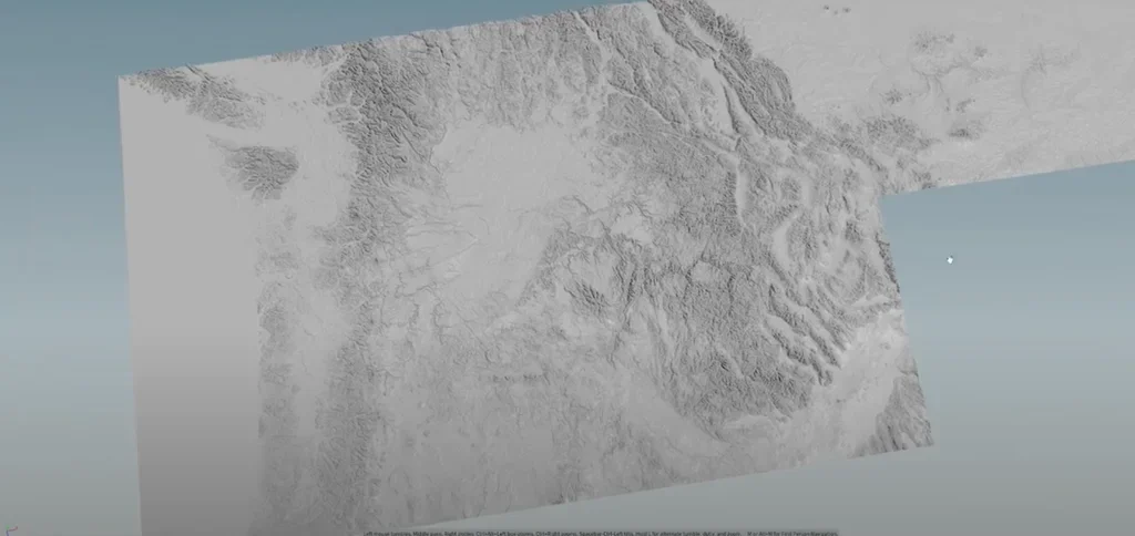 3D terrain mesh generated from real-world elevation data — plateau and canyon landscape