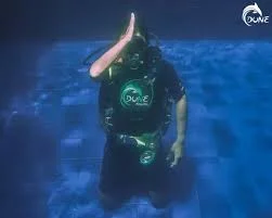 Diver underwater making the shark hand signal