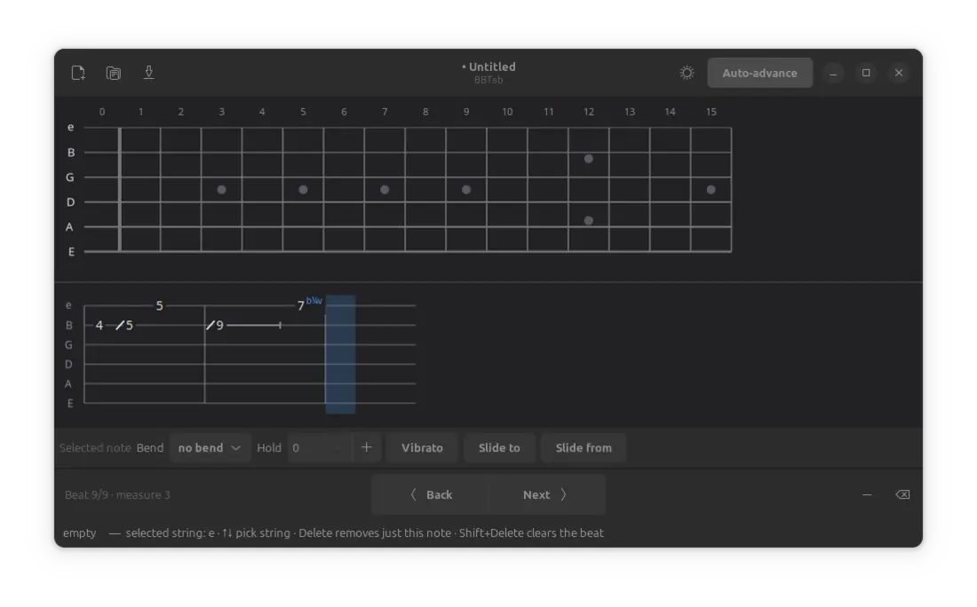 BBTab — the fretboard up top, the tab staff below, techniques along the bottom