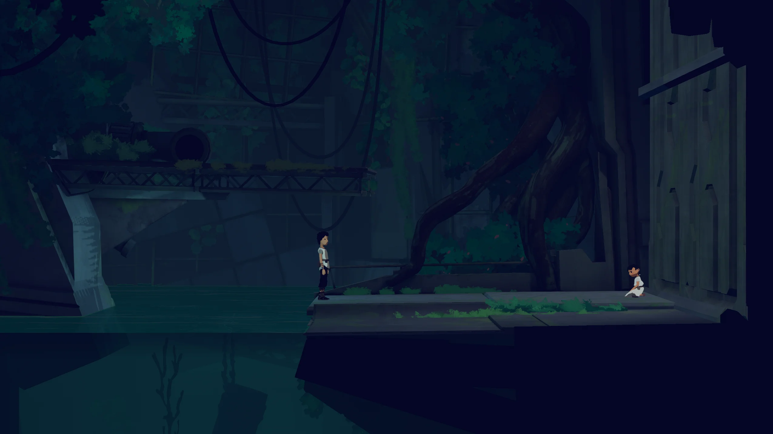 Planet of Lana — a ruined structure overgrown with roots, two characters standing apart on a platform