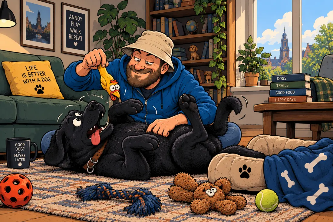Cartoon of a bearded man playing with a black dog surrounded by dog toys