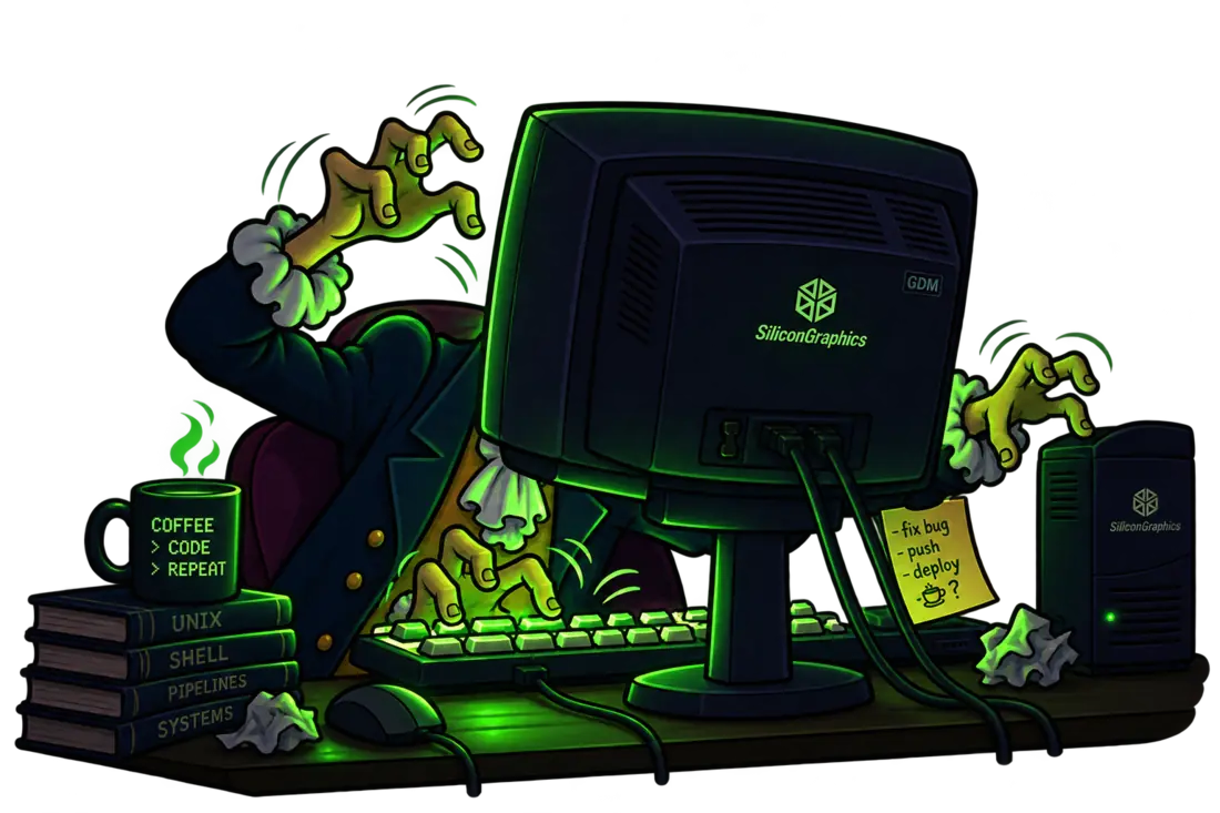 Neon-green illustration of a Silicon Graphics workstation with hands typing at the keyboard
