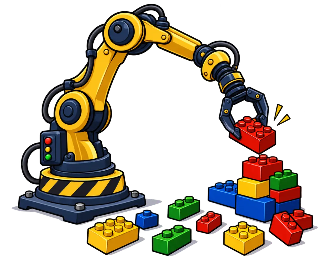Cartoon robotic arm stacking colorful building bricks