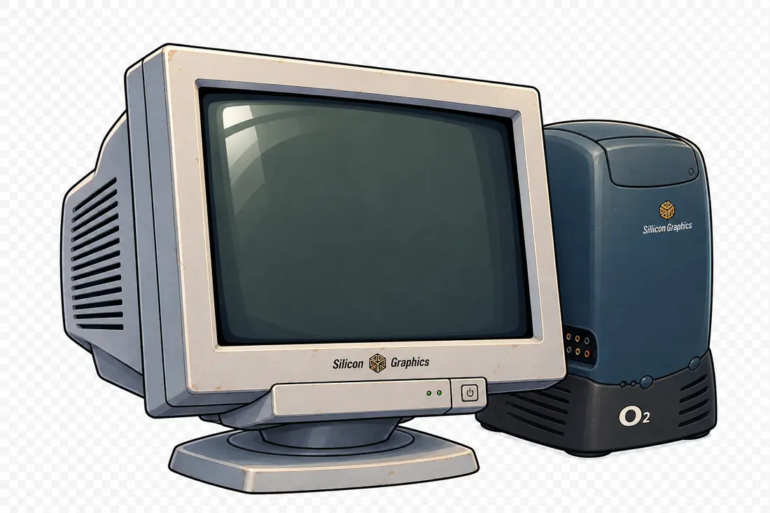 Illustration of a vintage Silicon Graphics O2 workstation and CRT monitor
