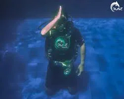 Diver underwater making the shark hand signal